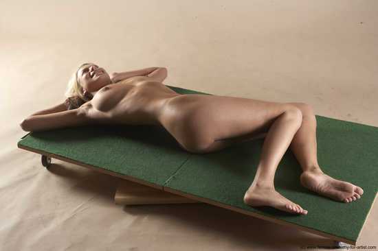 Nude Woman White Laying poses - ALL Slim Laying poses - on back long blond Pinup