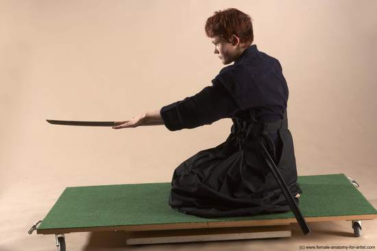 Sportswear Fighting with sword Woman White Sitting poses - ALL Slim short red Sitting poses - on knees Academic