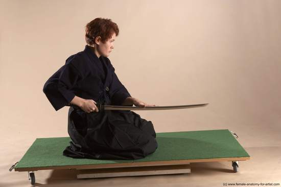 Sportswear Fighting with sword Woman White Sitting poses - ALL Slim short red Sitting poses - on knees Academic