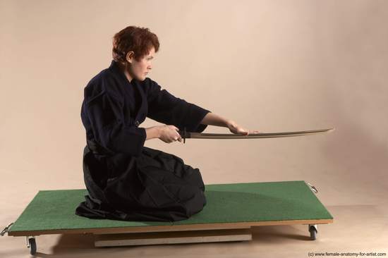 Sportswear Fighting with sword Woman White Sitting poses - ALL Slim short red Sitting poses - on knees Academic