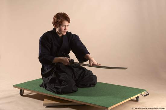 Sportswear Fighting with sword Woman White Sitting poses - ALL Slim short red Sitting poses - on knees Academic