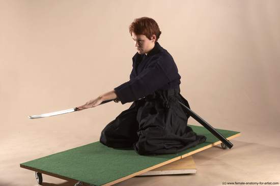 Sportswear Fighting with sword Woman White Sitting poses - ALL Slim short red Sitting poses - on knees Academic