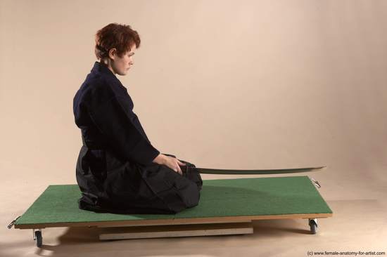 Sportswear Fighting with sword Woman White Sitting poses - ALL Slim short red Sitting poses - on knees Academic