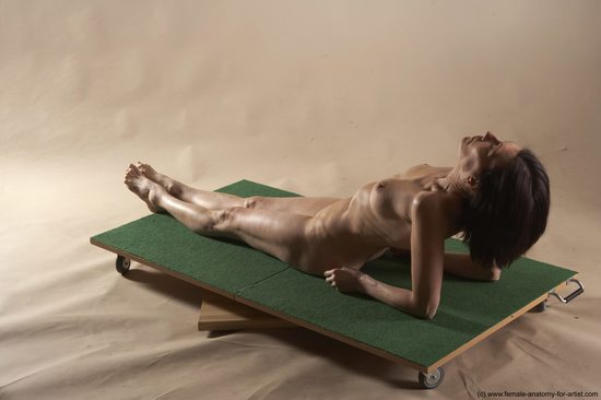 Nude Woman White Laying poses - ALL Underweight Laying poses - on back short brown Pinup