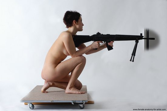 Nude Fighting with submachine gun Woman White Laying poses - ALL Slim Laying poses - on back short black Pinup