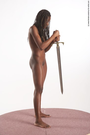 Nude Fighting with sword Woman Black Standing poses - ALL Slim dreadlocks black Standing poses - simple Pinup