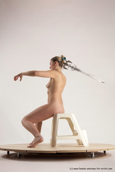 Nude Fighting with sword Woman White Sitting poses - ALL Slim short blond Sitting poses - simple Multi angle poses Pinup