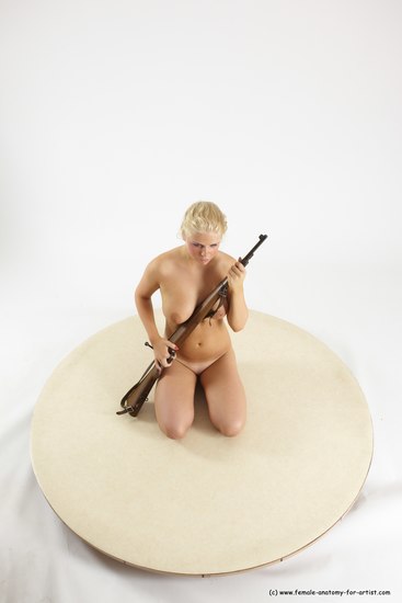 Nude Woman White Sitting poses - ALL Slim Fighting with rifle long blond Sitting poses - simple Multi angle poses Pinup