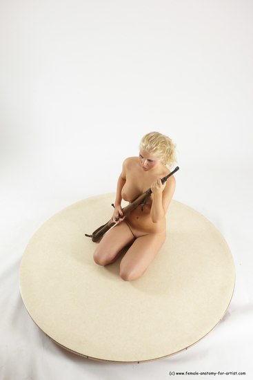 Nude Woman White Sitting poses - ALL Slim Fighting with rifle long blond Sitting poses - simple Multi angle poses Pinup