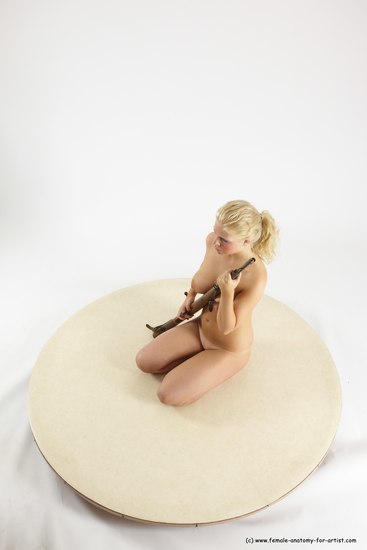 Nude Woman White Sitting poses - ALL Slim Fighting with rifle long blond Sitting poses - simple Multi angle poses Pinup