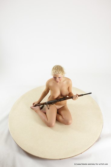 Nude Woman White Sitting poses - ALL Slim Fighting with rifle long blond Sitting poses - simple Multi angle poses Pinup