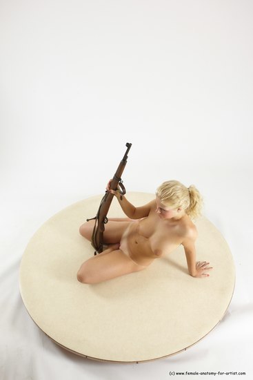 Nude Woman White Sitting poses - ALL Slim Fighting with rifle long blond Sitting poses - simple Multi angle poses Pinup