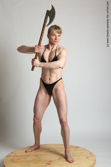 Swimsuit Woman White Standing poses - ALL Muscular long blond Fighting with axe Standing poses - simple Academic