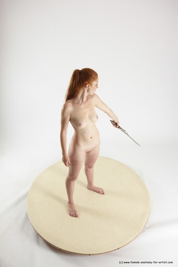 Nude Fighting with sword Woman White Standing poses - ALL Slim long red Standing poses - simple Multi angle poses Pinup