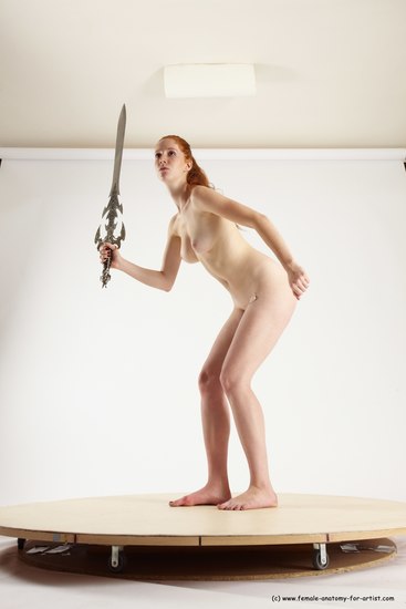 Nude Fighting with sword Woman White Standing poses - ALL Slim long red Standing poses - simple Multi angle poses Pinup