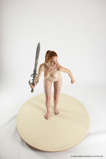 Nude Fighting with sword Woman White Standing poses - ALL Slim long red Standing poses - simple Multi angle poses Pinup