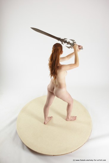 Nude Fighting with sword Woman White Standing poses - ALL Slim long red Standing poses - simple Multi angle poses Pinup