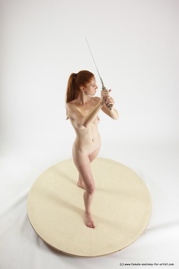 Nude Fighting with sword Woman White Standing poses - ALL Slim long red Standing poses - simple Multi angle poses Pinup