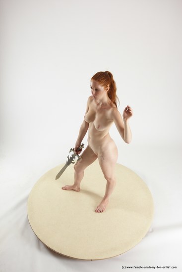 Nude Fighting with sword Woman White Standing poses - ALL Slim long red Standing poses - simple Multi angle poses Pinup