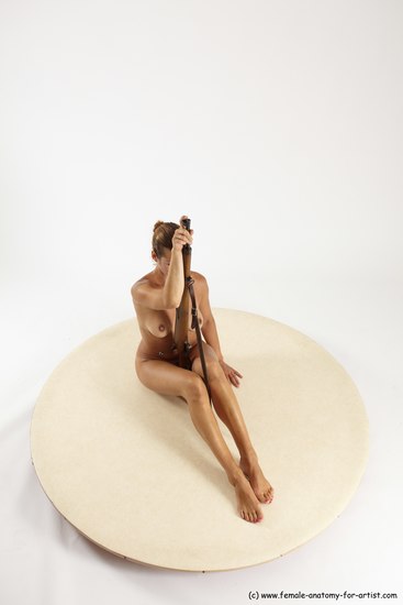 Nude Woman White Sitting poses - ALL Slim Fighting with rifle long colored Sitting poses - simple Multi angle poses Pinup