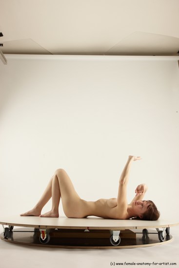 Nude Woman White Laying poses - ALL Slim Laying poses - on back medium brown Multi angle poses Pinup