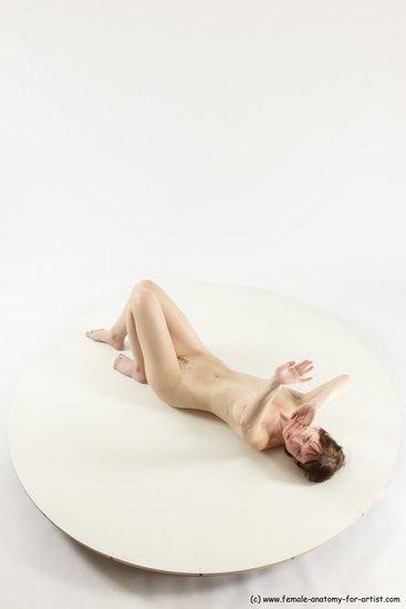 Nude Woman White Laying poses - ALL Slim Laying poses - on back medium brown Multi angle poses Pinup