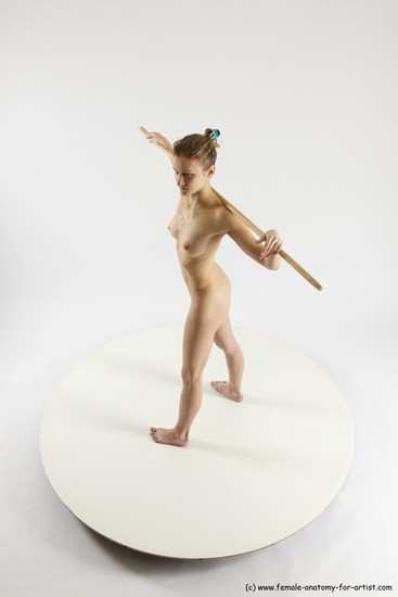 Nude Fighting with spear Woman White Standing poses - ALL Athletic long blond Standing poses - simple Multi angle poses Pinup