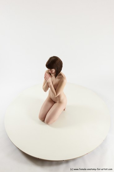 Nude Woman White Kneeling poses - ALL Slim Kneeling poses - on both knees medium brown Multi angle poses Pinup