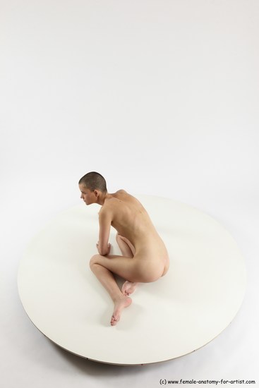 Nude Woman White Sitting poses - ALL Slim bald Sitting poses - on knees Multi angle poses Pinup