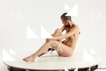 Nude Woman White Slim Fighting with rifle bald Multi angle poses Pinup