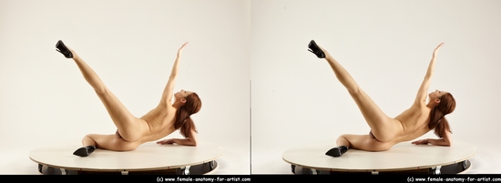 Nude Woman White Laying poses - ALL Slim Laying poses - on back long brown 3D Stereoscopic poses Pinup