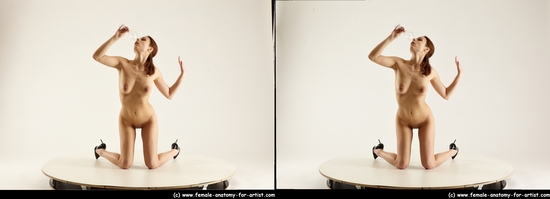 Nude Woman White Kneeling poses - ALL Slim Kneeling poses - on both knees long brown 3D Stereoscopic poses Pinup