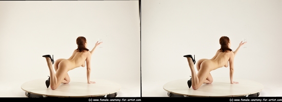 Nude Woman White Kneeling poses - ALL Slim Kneeling poses - on both knees long brown 3D Stereoscopic poses Pinup