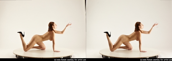 Nude Woman White Kneeling poses - ALL Slim Kneeling poses - on both knees long brown 3D Stereoscopic poses Pinup