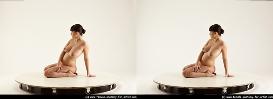 Nude Woman White Kneeling poses - ALL Pregnant Kneeling poses - on both knees long brown 3D Stereoscopic poses Pinup