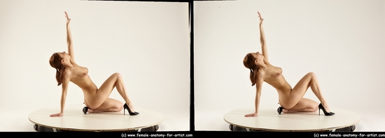 Nude Woman White Kneeling poses - ALL Slim long brown 3D Stereoscopic poses Pinup