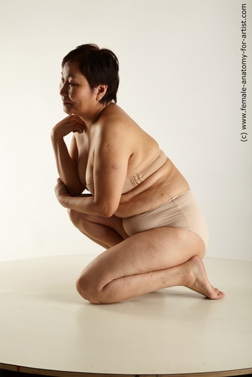 Underwear Woman Asian Kneeling poses - ALL Overweight short brown Standard Photoshoot Academic