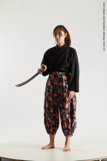 Sportswear Fighting with sword Woman Asian Slim long black Multi angle poses Academic