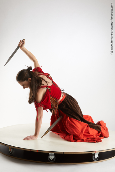 Woman White Kneeling poses - ALL Athletic Kneeling poses - on both knees long brown Fighting Standard Photoshoot Academic