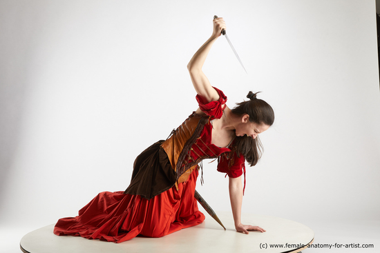 Woman White Kneeling poses - ALL Athletic Kneeling poses - on both knees long brown Fighting Standard Photoshoot Academic