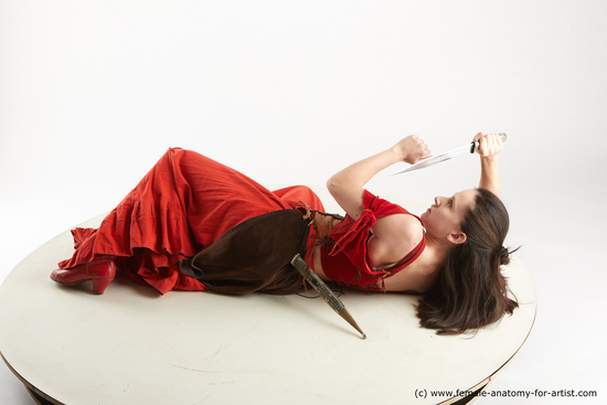 Fighting with knife Woman White Laying poses - ALL Athletic Laying poses - on back long brown Standard Photoshoot Academic