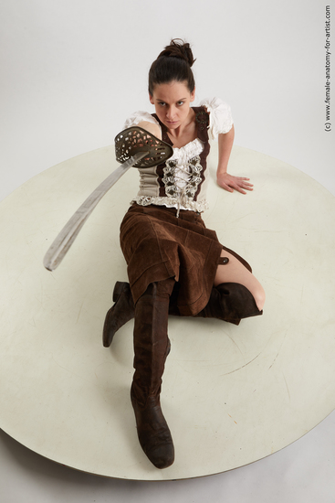 Fighting with sword Woman White Sitting poses - ALL Slim long brown Sitting poses - simple Standard Photoshoot Academic