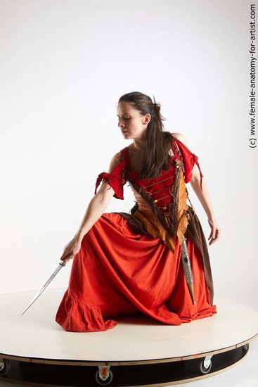 Casual Fighting with sword Woman White Kneeling poses - ALL Slim Kneeling poses - on one knee long brown Standard Photoshoot Academic