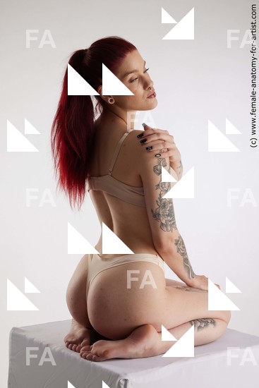 Underwear Woman White Kneeling poses - ALL Slim Kneeling poses - on both knees long red Standard Photoshoot Academic