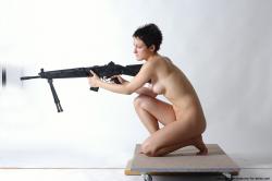 Nude Fighting with submachine gun Woman White Laying poses - ALL Slim Laying poses - on back short black Pinup