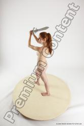 Nude Fighting with sword Woman White Standing poses - ALL Slim long red Standing poses - simple Multi angle poses Pinup